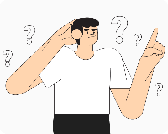 Illustration homme pensif entouré de points d'interrogation, représentant une section FAQ